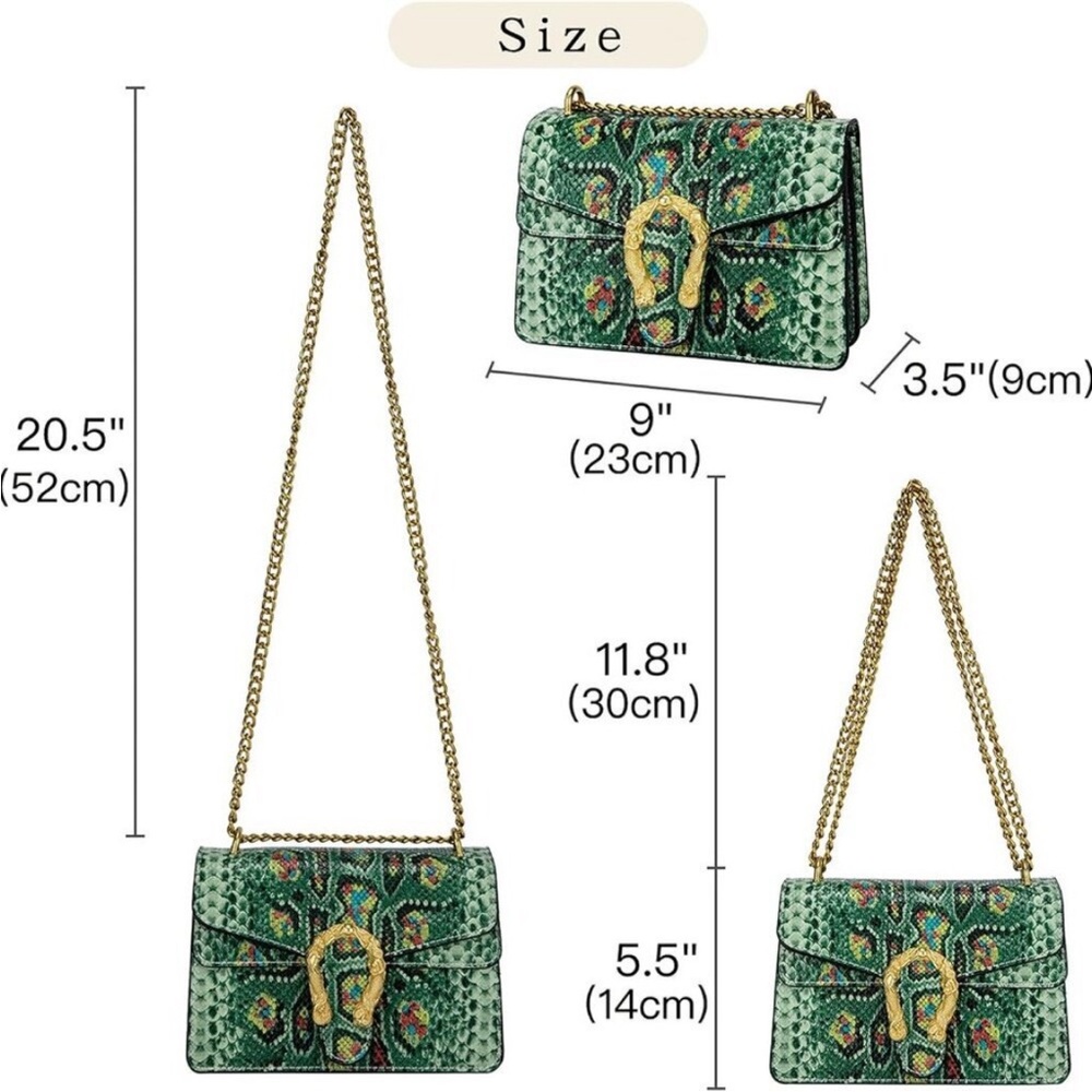 Luxury Green SnakeskinVegan Leather Gold Chain Purse Crossbody Satchel Bag - Picture 8 of 9